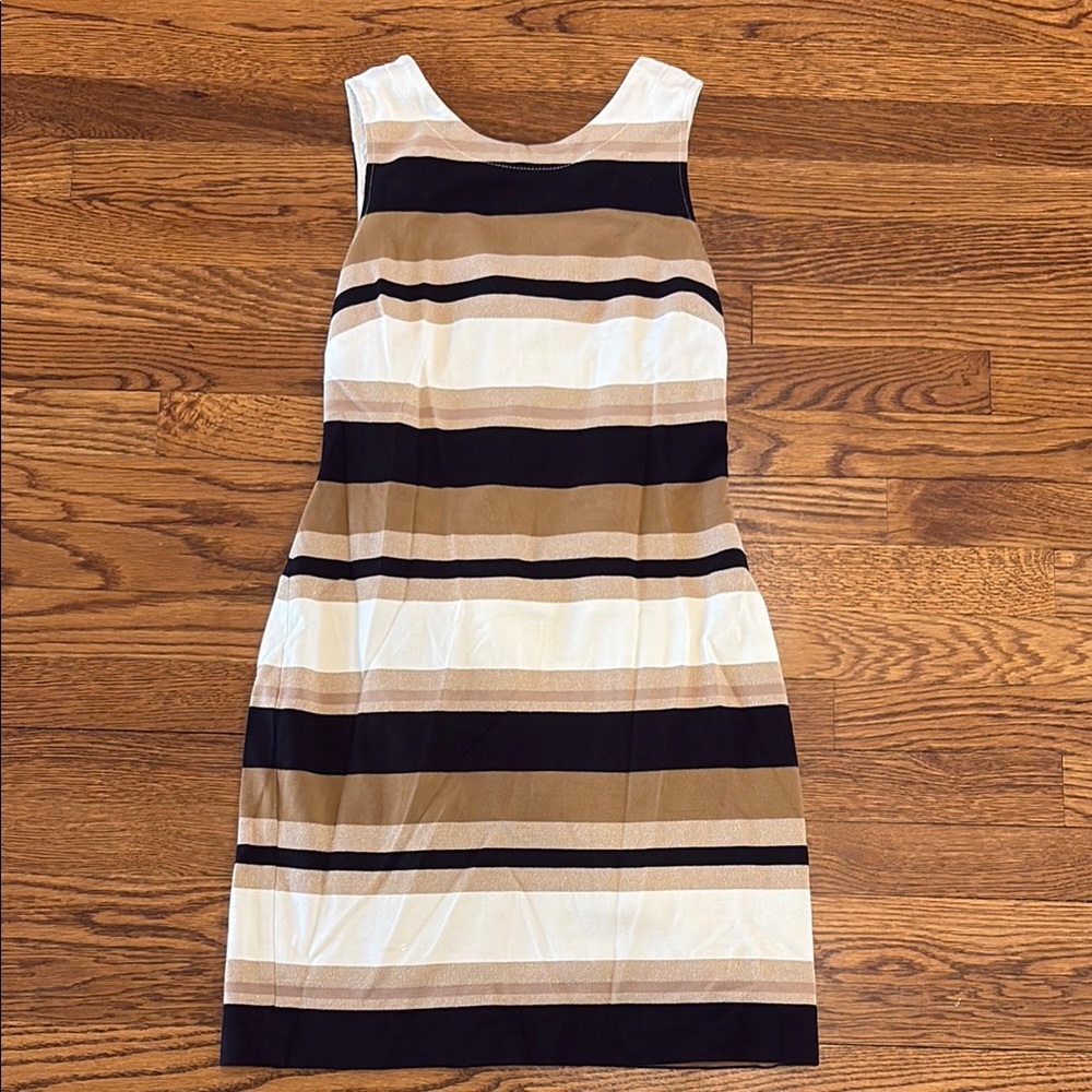 Elegant Striped Dress in Black, White, and Tan